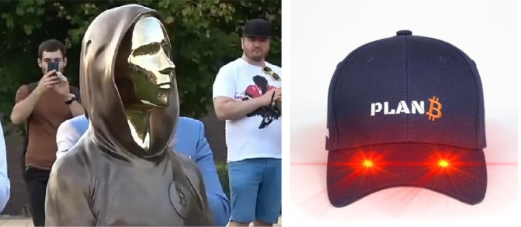 Estátua sem rosto construída em homenagem a Satoshi Nakamoto e o avatar de um boné utilizado pelo <a href="https://twitter.com/100trillionusd?lang=pt"><span style="font-weight: 400;">Plan B</span></a>, quem primeiro propôs o modelo de stock-to-flow (S2F), o modelo de precificação do Bitcoin mais respeitado.