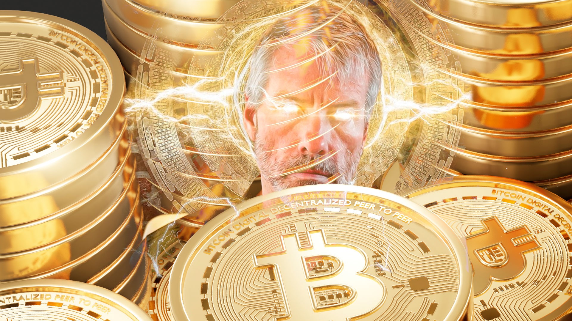 Michael Saylor, fundador e CEO da MicroStrategy, e moedas de Bitcoin.