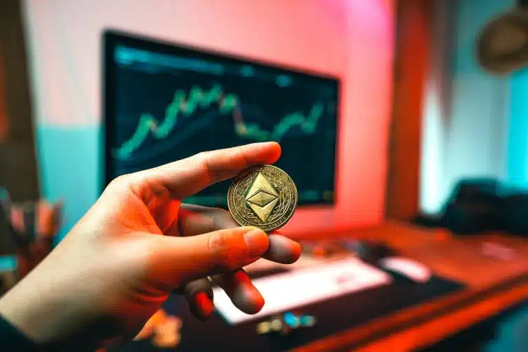 Mão segurando moeda ethereum com gráfico ao fundo