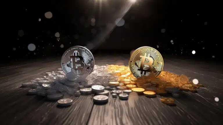 Moedas de prata e ouro de Bitcoin. Midjourney.
