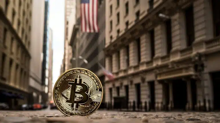 Moeda de Bitcoin em Wall Street. Midjourney.